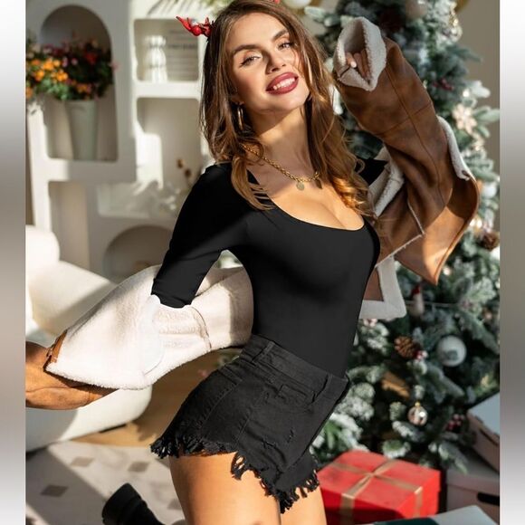 Bodysuits Sexy Ribbed Long Sleeve Square Neck One Piece Bodysuit - Picture 3 of 12